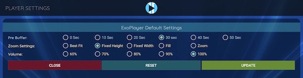 exo player settings page inside xciptv app.