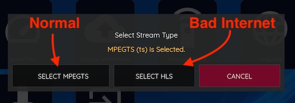 choosing between hls and mpegts stream types on xciptv